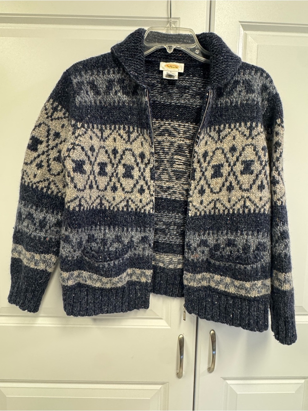 Vintage Talbots women's knit sweater zip up collared wool blend size Lg Aztec